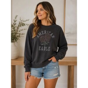 American Eagle Womens Sunflower Graphic Sweatshirt Washed Black Raglan